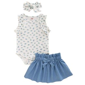 Zomer grote verkoop baby meisje kleding mouwloze vest blauwe bloemenprint romper denim rok met hoofdband sets toddler outfits kleding