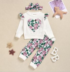 2021年赤ちゃんの女の子の服は子供の花の愛の袖T フラワープリントズボン子供服