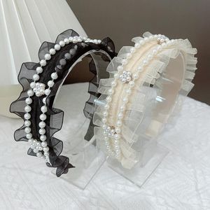 Trendy kant hoofdbanden met parel kralen voor vrouwen Koreaanse zwarte beige elastische lint bloemstijl antislip haarbanden bruids hoofddeksels