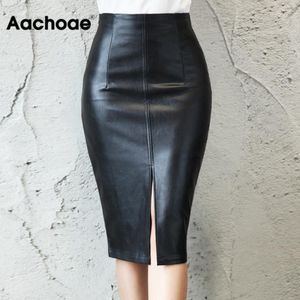 кожаные юбки midi оптовых-AACHOAE Black PU кожаная юбка женщины MIDI сексуальная высокая талия BodyCon Split Office карандаш длина колена плюс размер