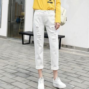 Torn jeans för kvinnor mor svart vit denim byxor längre midja storlek lång bomull hare ihålig byxa ut sommar kvinnor