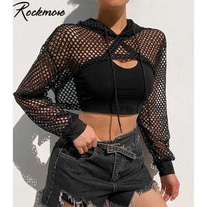 Rockmore Sexy Black Mesh Fishnet Top Women s Tshirt See Through Smock Long Sleeve T shirts Cropped Top Tee Shirt Streetwear G0922