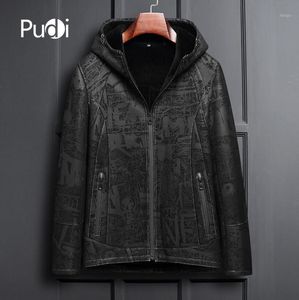 Men s Jackets PUDI MT864 Men Fashion Real Sheep Leather With Hood Boy Fur Lining Fall Winter Casual Outwear1