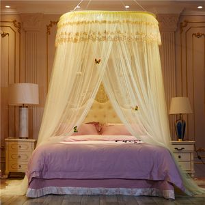 camas con dosel de princesa al por mayor-Noble púrpura rosa boda redondo encaje alta densidad princesa cama redes cortina cúpula reina dosel mosquito redes SW R2
