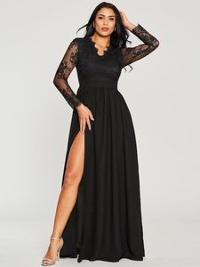 Kostym elegant solid svart spets långärmad fest klänningar vår höst sexig v hals split golvlängd kvinnlig max casual