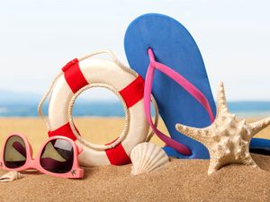 ingrosso sfondo studio spiaggia-Sfondi di fotografia di vinile della spiaggia di estate del nuoto della spiaggia di Stellefish Pantofole di stelle di colore degli occhiali degli sfondi dello studio dei bambini