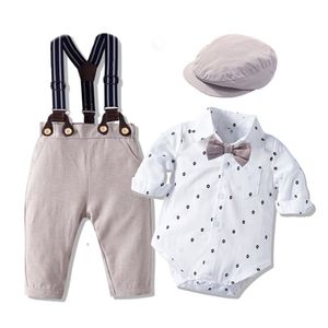 Baby Boys Gentleman Zestawy Odzież Baby Garnitur Pajki Bowtie Suspenden Spodnie Kapelusze sztuk Zestaw Boddler Bodysuit Niemowląt Odzież Z2