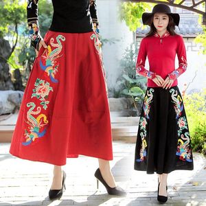 Wholesale traditional chinese women for sale - Group buy Traditional Chinese Skirt Women Autumn Winter Original Design Long Black Red Floral Embroidery Midi Longuette Skirts