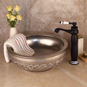 Bathroom Sink Faucets Sier Bowl Ceramic Washbasin Set Hand Paint Lavatory Bath Basin Combine Brass Black Orb Faucet Mixer Tap e