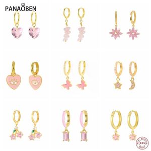 Wholesale dripping crystals resale online - Hoop Huggie PANAOBEN Pendientes Sterling Silver Earring For Women Dripping Oil Love Heart Eye Face Charms Earrings Pink Crystal