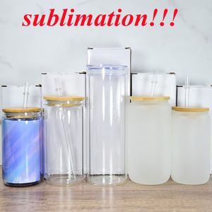 sublimation oz oz glass can glass tumbler with bamboo lid reusable straw beer Can Transparent frosted Soda Can Cup drinking cups