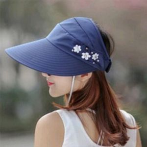 1pcs kvinnor sommar sol hattar pärla packbar visor hatt med stora huvuden bred brim strand UV skydd mössa kvinnan