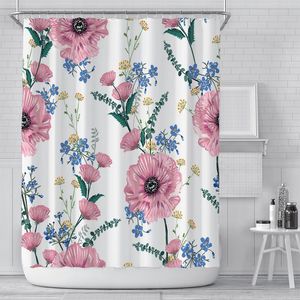 roter und blauer duschvorhang großhandel-Rose rote Blume und blauer Blätter Duschvorhang mit Haken Badezimmer Dekoration Vorhänge