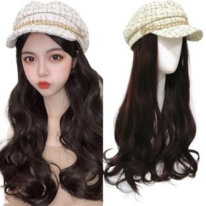 chapeaux avec des cheveux attachés achat en gros de Bérets femmes béret avec des cheveux longs attachés chapeau de poitrine ondulée bouclée détachable