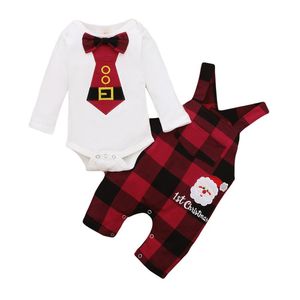 bebek 1st xmas giysileri
 toptan satış-Giyim Setleri m Doğan Bebek Erkek Bebek Benim Noel Giysileri Set Yay Tulum Ekose Tulum Tulum Kıyafetler Noel Kostüm