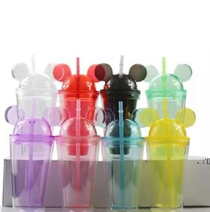 8colors oz Acrylic tumbler with dome lid plus straw double Wall Clear Plastic Tumbler with Mouse Ear Reusable cute drink cup RRA10518
