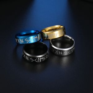 anillos de oro de bajo precio al por mayor-Moda Viking letras Hombre Anillo de acero inoxidable Negro Azul Oro Plata Anillos de dedo Para Hombre Mujeres Bajo Precio