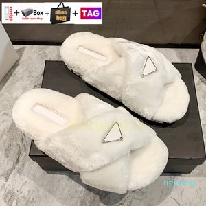 Luxury Wool Slides Designer Slippers Soft Warm Fur Enameled triangle Crossover Fashion women shoes Black White Begin with original