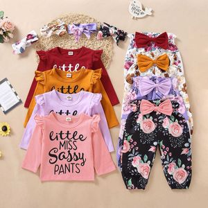 Baby Girl Clothes Set Toddlers Outfits Chic Letter Print Top Floral Print Pant Hair Band Suit SpringFall Y Kids Girl Set H0824