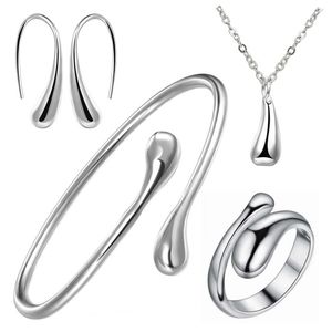 Water Drop Earrings Ring Bracelet Set Of Four Silver Jewelry Water Drop Necklace on Sale
