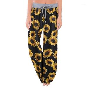 sunflower toptan satış-Kadın Pantolon Capris Kadınlar Leopar Geniş Bacak Gevşek Ayçiçeği Baskılı İpli Orta Bel Kadın Rahat Moda