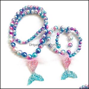 Necklaces Pendants Set Fashion Candy Color Bubblegum Beads Cute Mermaid Tail Pendant Necklace For Kids Girls Party Jewelry Birthday Gift