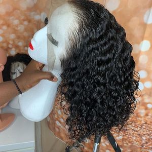 brezilyalı gevşek kıvırcık dantel peruk toptan satış-2021 Moda Brezilyalı Dantel Ön Peruk Sentetik PrePlucked Kinky Gevşek Kıvırcık Kısa Bob Peruk Bebek Saçlı Doğal Saç Çizgisi için Kadınlar için
