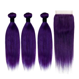 темно-фиолетовый переплетение оптовых-Темно фиолетовый прямой реми Человеческие волосы плетены уток пучки с закрытием кружева x4