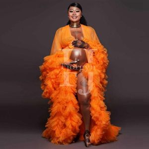Sexy Orange Bridal Ruffled Tulle Robe Dresses Women Maternity Dress Gowns Sheer Long Pregnant Robes Po Shoot Custom Made Casual