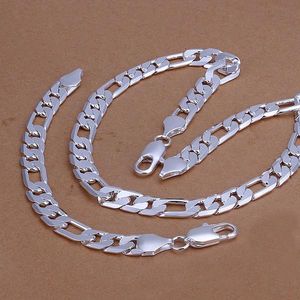 Earrings Necklace Male Joyas De Plata Silver Bracelet mm Flat Figaro Curb Chain Fashion Men s Jewelry Set Bijoux