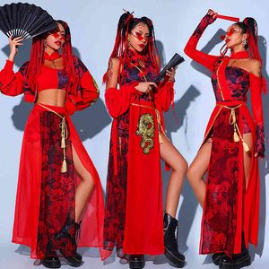 vestido rojo de jazz al por mayor-Vestidos casuales Estilo chino Jazz Jazz Ropa Ropa Red Festival Outfits Hip Hop para adultos GOGO Dance Stage Trajes DQS6259 COBI