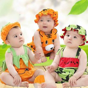 Baby kids kleding zomer kleding hoed sets jongens en meisjes kinderkleding baby katoen bretels watermeloen tijger kleding set trainingspak G60R51I