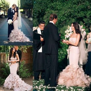 Blozen roze korset trouwjurken volledige lengte cascading ruches boog organza bruids jurken romantische op maat gemaakt bruidsjurken