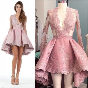 Casual Dresses Pink High Low Short Prom Gown Full Sleeve En Line Lace Appliques Evening Gowns Custom Made Empire V Neck Formell Party