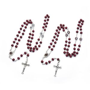dini kolyeler ahşap haçlar toptan satış-QIGO Kırmızı Ahşap Tespih Çapraz Kolye Virgin Baba Dini Süs Vaftiz Boncuk Zinciri