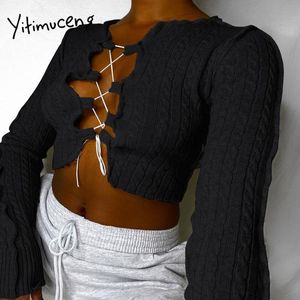Wholesale sexy cut out shirts resale online - Women s T Shirt Yitimuceng Cut Out Ties Crossed Women Tshirts Sexy Crop Top Harajuku Black Lace Up Unicolor Long Sleeve Tee Spring Brow