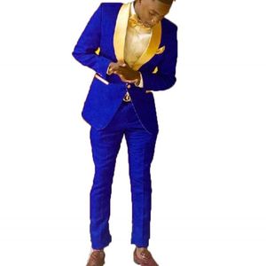 Męskie garnitury Blazers Groomsmen Royal Blue Wzór Groom Tuxedos Szal Gold Lapel Mężczyźni sztuki Oblubienia ślubna kurtka spodnie krawat