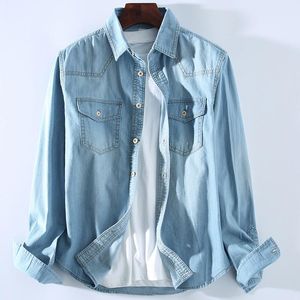 hafif denim gömlek erkek toptan satış-Erkek Ceketler Yıkama Ahşap Düğme Açık Mavi Denim Pamuk Gömlek Rahat Ceket