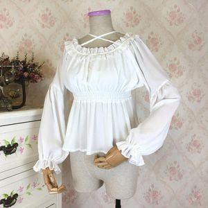 Dames Blouses Shirts Wit Chiffon Ruches O Neck Lantern Sleeve Victorian Lolita Top Steampunk Blouse Sexy Gothic Kleding Vintage voor