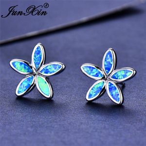 Wholesale earrings for flower girls resale online - Stud JUNXIN Female Blue White Fire Opal Snowflake Earrings For Women Sterling Silver Filled Flower Girls Jewelry