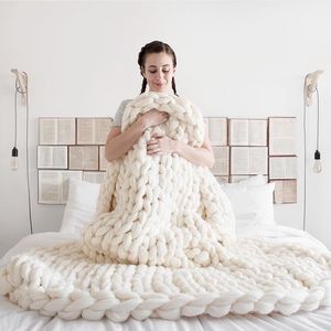 merino wool toptan satış-Kalın İplik Merinos Yün Hacimli Atmak Nordic El Tıknaz Örgü Battaniye x200 cm Yatakta Örme Battaniye Dropshipping