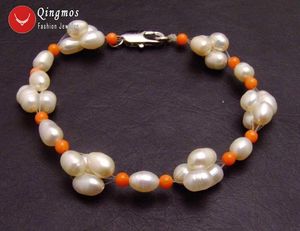 Wholesale 4mm pearl bracelet resale online - Beaded Strands Qingmos mm Rice Natural White Pearl Bracelet For Women With mm Orange Coral Jewelry