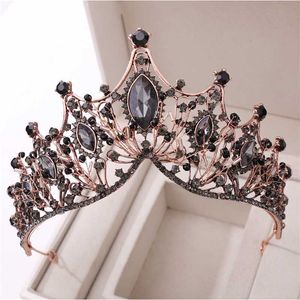 velo y corona al por mayor-Purios Baroque Black Crowns Big Crystal Round Tiaras Pageant Diadem Rhinestone Boda Accesorios para el cabello Velo Tiara Diadema