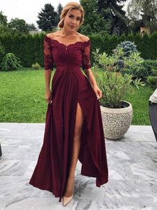 Burgundy Mother of the Bride Dresses Lace Chiffon Half Sleeve Off Shoulder Sexy High Split Floor Length Wedding Party Evening Prom Gowns