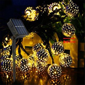 Zonne energie lampen Iron Marokkaanse LED Bal String Licht Romantische Fee Lantaarn Opknoping Garden Lamp Garlands Kerstfeest Decor
