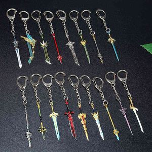Anime spel genshin påverkan nyckel kedja vapen nyckelringar blad svärd nyckelhållare hängsmycke metall nyckelringar charm män smycken y1231