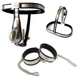 NXY Chastity Device Male Belt Stainless Steel Penis Cock Cage Thigh Ring with Metal Chain Band Anal Plug Beads Lockable Sex Toys Men1221