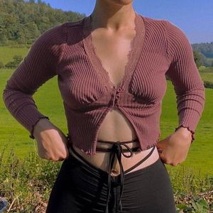 Women s T Shirt Women Fashion Tops Sweet Sexy Deep V neck Lace Trim Crop Slit Hem Long Sleeve Brown T shirts Vintage Knitted Ribbed Top