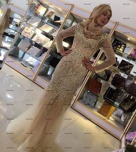 Champagne kralen moslim prom jurken glanzende kristallen lange mouw Arabische Dubai hijab zeemeermin avondjurken vestido de la