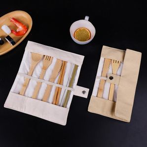 bambus holz großhandel-Hölzerne Geschirr Set Bambus Teelöffel Gabel Suppe Messer Catering Besteck Sets mit Tuch Tasche Küche Kochen Werkzeuge Utensilien